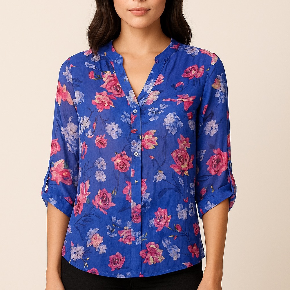 Kut From The Kloth Blue Sheer Floral Blouse Size S